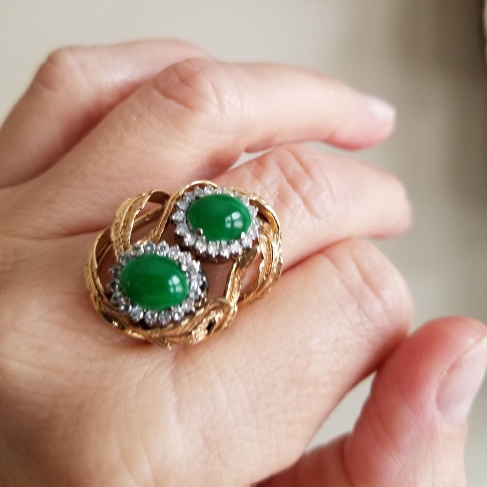 SOLD Estate Imperial Jade & Diamond 14k Cocktail Ring - Picture 5 of 11